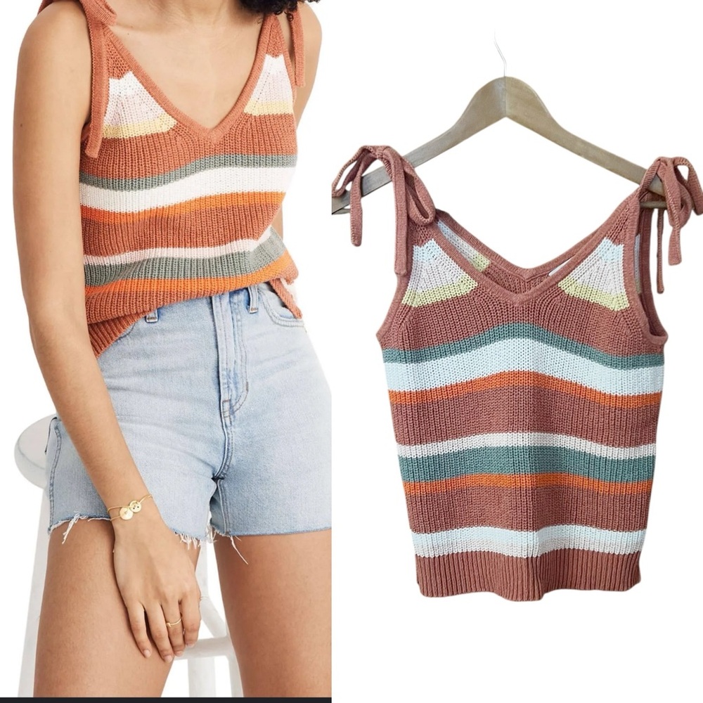 Madewell Women’s Tank Top S Striped Grandfield Tie Strap Sweet Dahlia Knit Pink